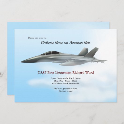 エアフォース飛行機ウェルカムホームパーティの招待状 招待状 (正面/裏面)