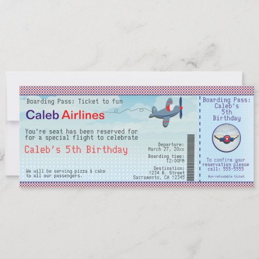 エアプレーンキッズ航空券バースデー招待状 招待状 (正面)