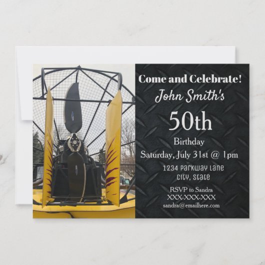 エアボートファンの沼沢地の氷の魚釣りの人の誕生日 招待状 (正面)