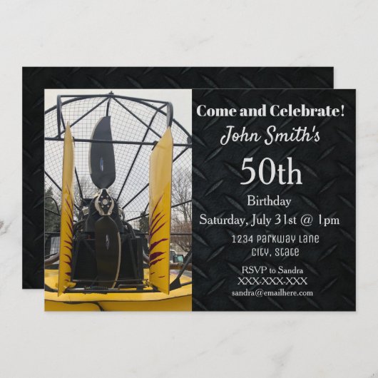 エアボートファンの沼沢地の氷の魚釣りの人の誕生日 招待状 (正面/裏面)