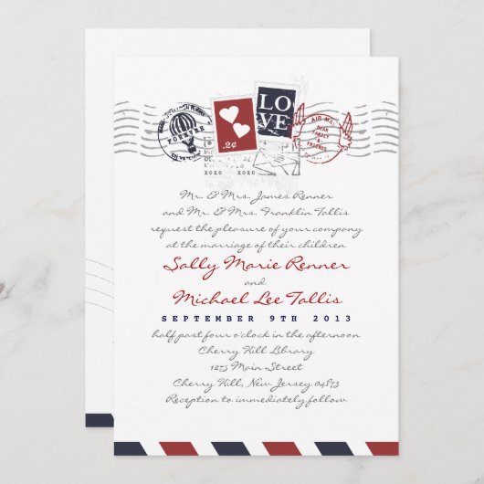 エアメールスタンプラブレター結婚式招待状 招待状 (正面/裏面)