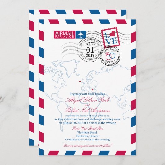 エアメールハートアイルランド結婚とギリシャ 招待状 (正面/裏面)