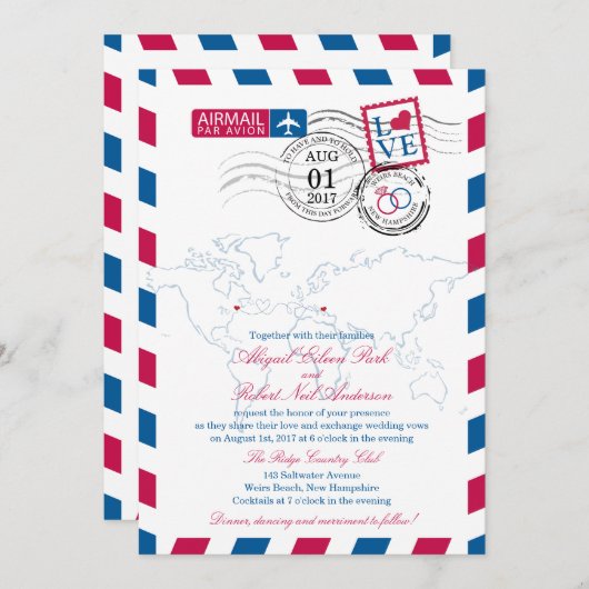 エアメールハートアメリカ結婚とマケドニア 招待状 (正面/裏面)