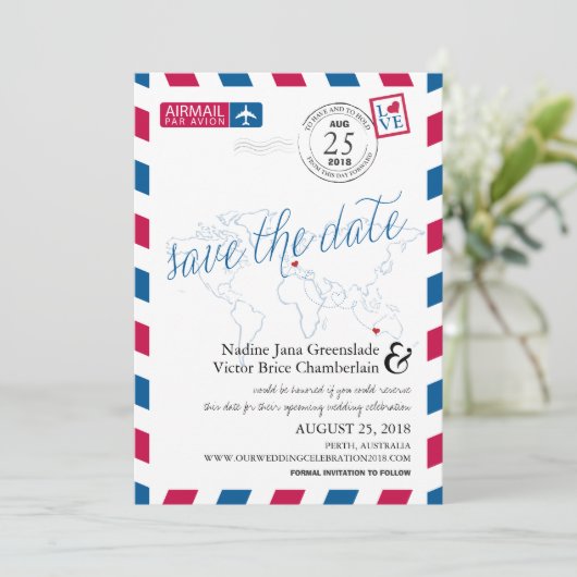 エアメールハートイタリアとオーストラリア日付を保存 セーブザデート (スタンド正面)