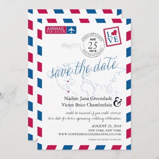 エアメールハートニューヨークとコロンビア日付を保存 セーブザデート (正面/裏面)