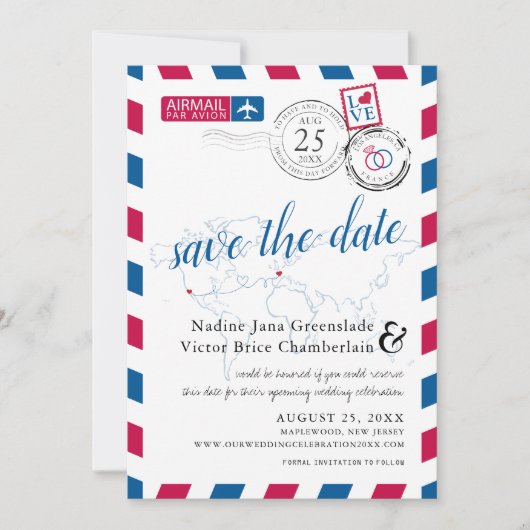 エアメールハートロサンゼルスとフランス日付を保存 セーブザデート (正面)