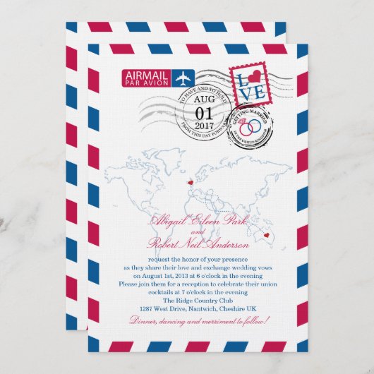 エアメールハートUKとアウストライ結婚ラの 招待状 (正面/裏面)