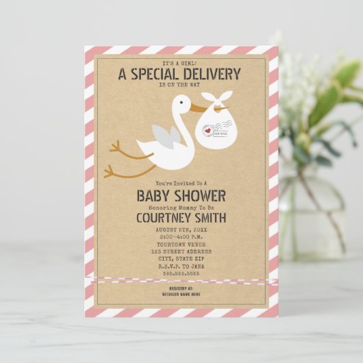 エアメール特別配達ストークガールベビーシャワー 招待状 (スタンド正面)