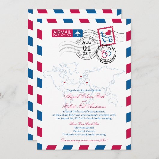エアメール・ニューヨーク、スコットランド、ギリシャ結婚ズ 招待状 (正面/裏面)