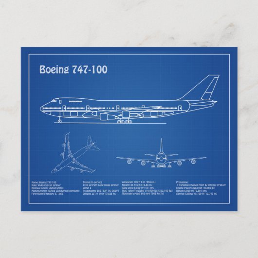 エアライナー747 – 航空機の設計図スケッチ計画AD ポストカード (正面)