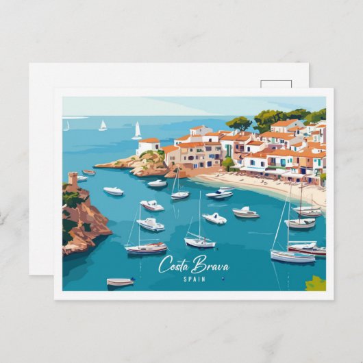 エアリアルビューコスタブラバスペインイラストレーショントラベル ポストカード (正面/裏面)