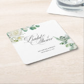 エアリーなユーカリグリーンのブライダルシャワー スクエアペーパーコースター (アングル)