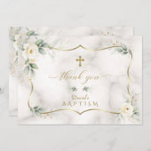 エアリーグリーナリーホワイトフローラ金ゴールドマーブルバプテスマ サンキューカード (正面/裏面)