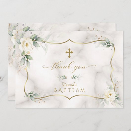 エアリーグリーナリーホワイトフローラ金ゴールドマーブルバプテスマ サンキューカード (正面/裏面)