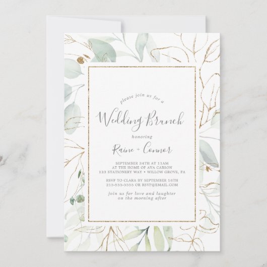 エアリーグリーンと金ゴールド結婚リーフのブランチ 招待状 (正面)