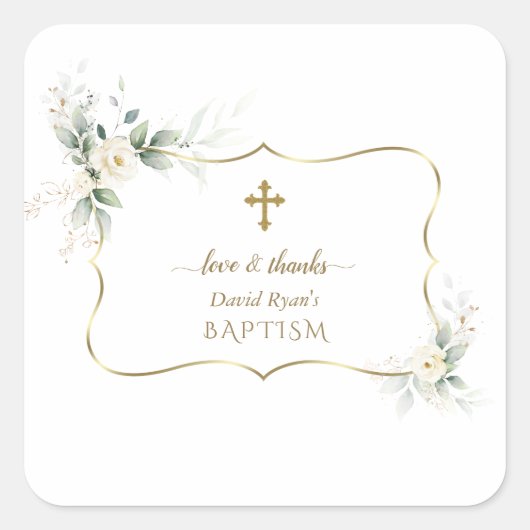 エアリーグリーンリーホワイトフラワーズボーイ《キリスト教》洗礼式や命名式 スクエアシール (正面)