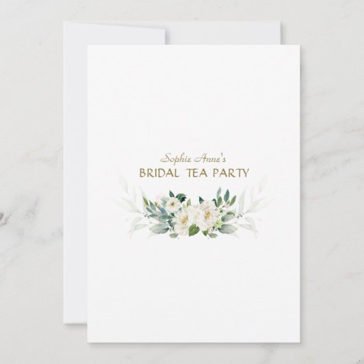 エアリーグリーンリーホワイトフラワーズ金ゴールドブライダルシャワー 招待状 (裏面)