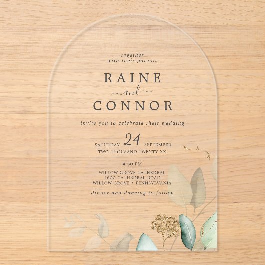 エアリーグリーン金ゴールドリーフアーチエレガントウェディング アクリル招待状 (正面)