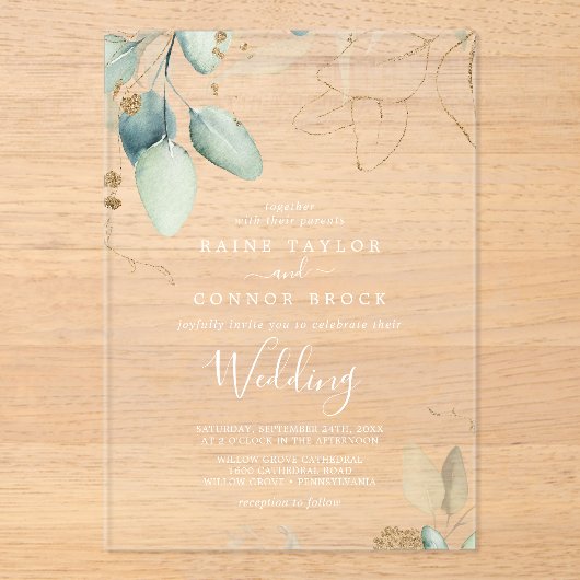 エアリーグリーン金ゴールドリーフホワイトユーカリ結婚プス アクリル招待状 (正面)