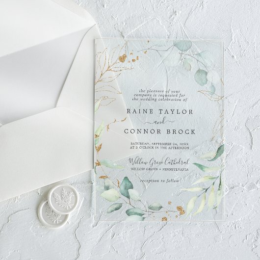 エアリーグリーン金ゴールドリーフモダンボ結婚タニカル アクリル招待状
