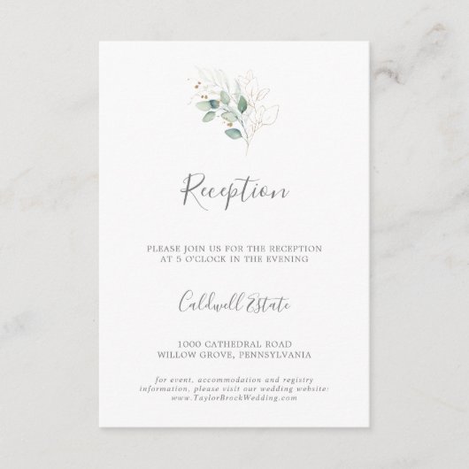 エアリーグリーン&金ゴールドウェディングレセプションカード エンクロージャーカード (正面)