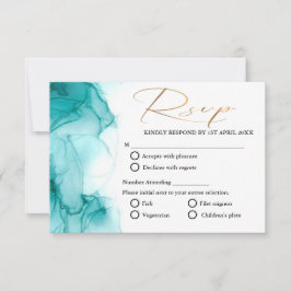 エアリーブルーターコイズウォーターカラーティール（緑がかった色）金ゴールド結婚ズ 出欠カード