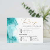 エアリーブルーターコイズウォーターカラーティール（緑がかった色）金ゴールド結婚ズ 出欠カード (スタンド正面)