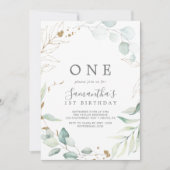エアリー緑と金ゴールドリーフの最初の誕生日パーティー 招待状 (正面)