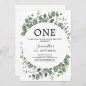 エアリー緑と金ゴールドリーフの最初の誕生日パーティー 招待状 (正面/裏面)