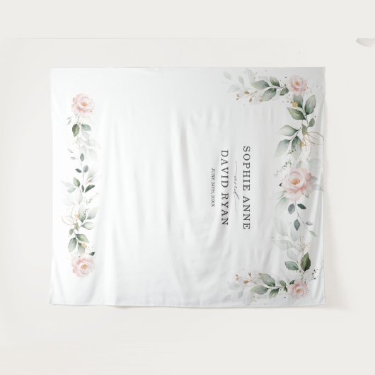 エアリー グリーンレンジィ ピンク フローラル ゴールド ウェディング フォト プロップ タペストリー (正面(横))