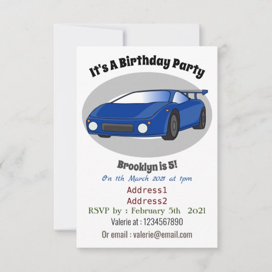エアロイルストの青いスポーツカーのイラスト 招待状 (正面)