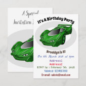 エアロフォイルのイラストが付いた緑のスポーツカー 招待状 (正面/裏面)