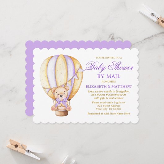 エア バルーン クマ パープル ゴールド ベビー シャワー by メール 招待状 (正面/裏面インサイチュ)