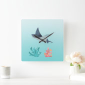エイの魚の水中イラスト壁掛け時計 スクエア壁時計 (ホーム)