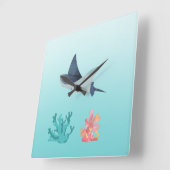 エイの魚の水中イラスト壁掛け時計 スクエア壁時計 (傾斜)
