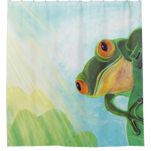 エイを捕まえるグリーンカエル シャワーカーテン (正面)