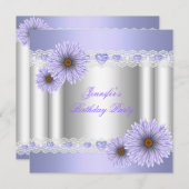 エイジかわいらしシルバー薄紫誕生日パーティフラワー 招待状 (正面/裏面)