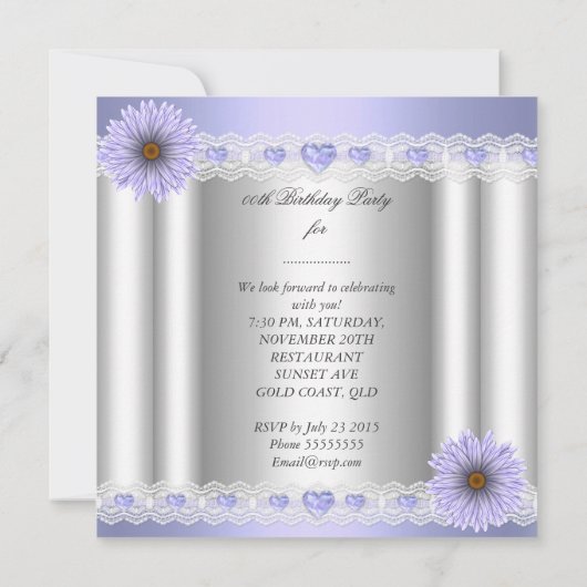 エイジかわいらしシルバー薄紫誕生日パーティフラワー 招待状 (裏面)