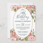 エイジエレガントフローラピンク赤面金ゴールド誕生日 招待状 (正面)