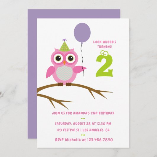 エイジカワイフクロウベビーまたは幼児の女の子誕生日 招待状 (正面/裏面)