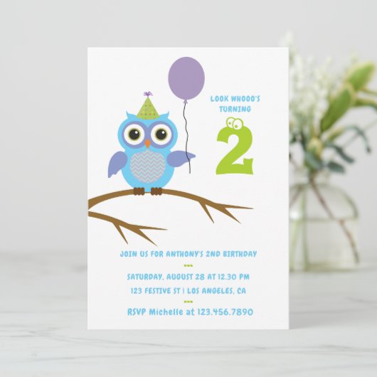 エイジカワイフクロウベビーまたは幼児ボーイズ誕生日 招待状 (スタンド正面)