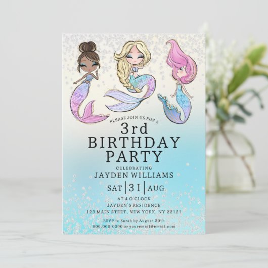 エイジグリッターマーメイドガール誕生日招待状 招待状 (スタンド正面)