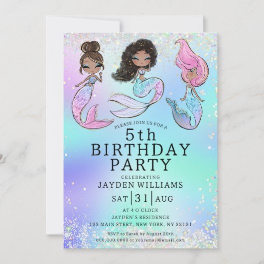 エイジグリッターマーメイドブラックヘアガール誕生日 招待状 (正面)