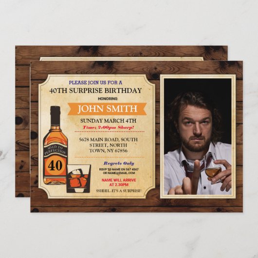 エイジド・トゥ・パーフェクト誕生日・ウッド・ウィスキー写真 招待状 (正面/裏面)