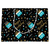 エイジハッピーバースデーケーキティール（緑がかった色）ブラック ラージペーパーバッグ (正面)