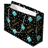 エイジハッピーバースデーケーキティール（緑がかった色）ブラック ラージペーパーバッグ (正面アングル)