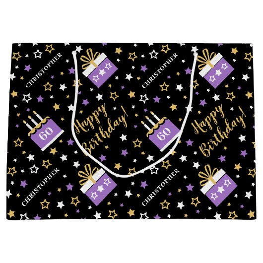 エイジハッピーバースデーケーキパープルブラック ラージペーパーバッグ (正面)