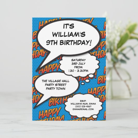 エイジハッピーバースデーパーティーブルーモダン 招待状 (スタンド正面)