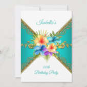 エイジバースデーパーティーティール(緑がかった色)ブルー金ゴールドホワイトフローラ 招待状 (正面)