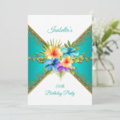 エイジバースデーパーティーティール(緑がかった色)ブルー金ゴールドホワイトフローラ 招待状 (スタンド正面)